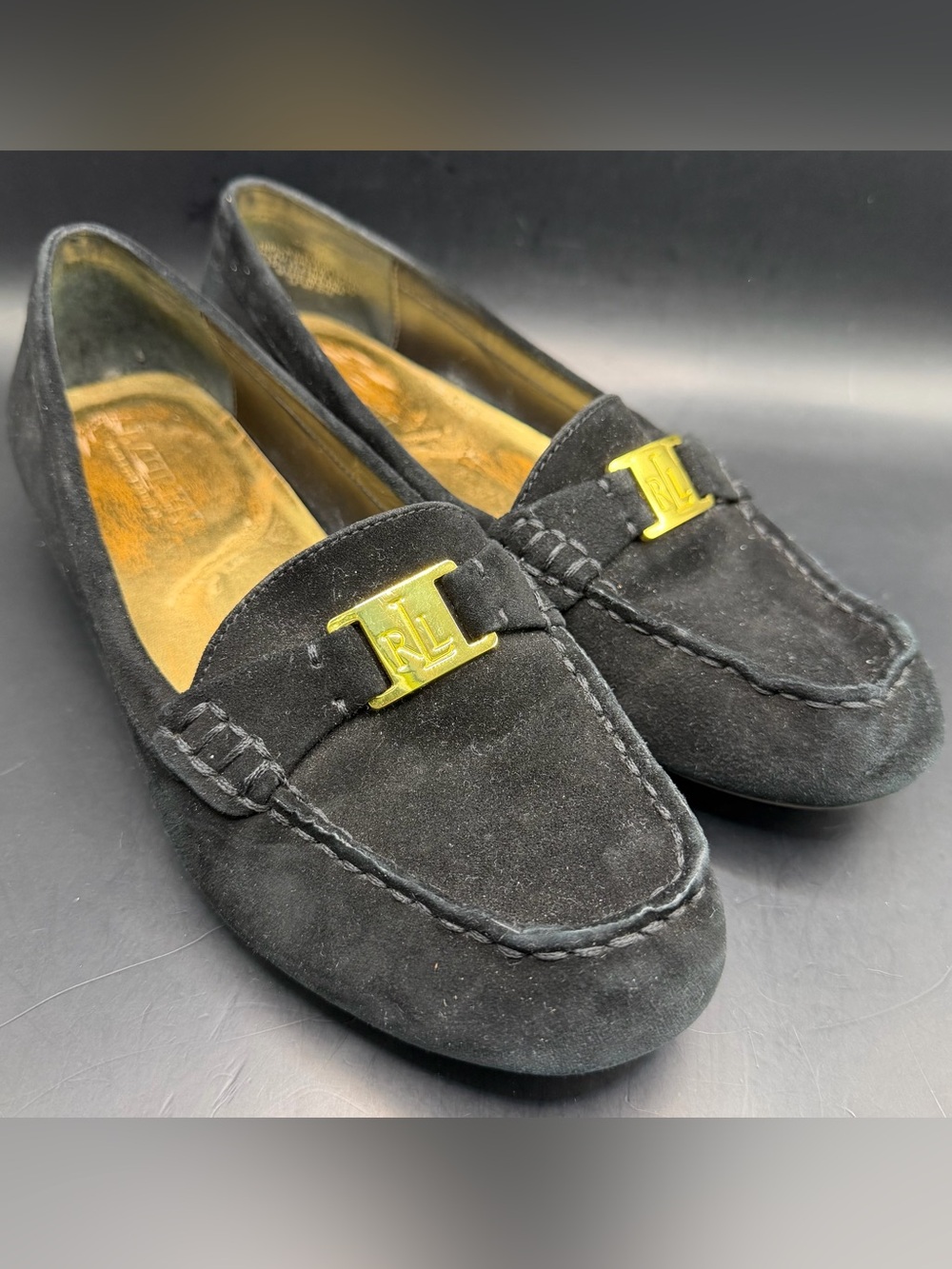Lauren- Ralph Lauren Black Suede Loafers with Gold RL Accent- Women’s Size:8.5B